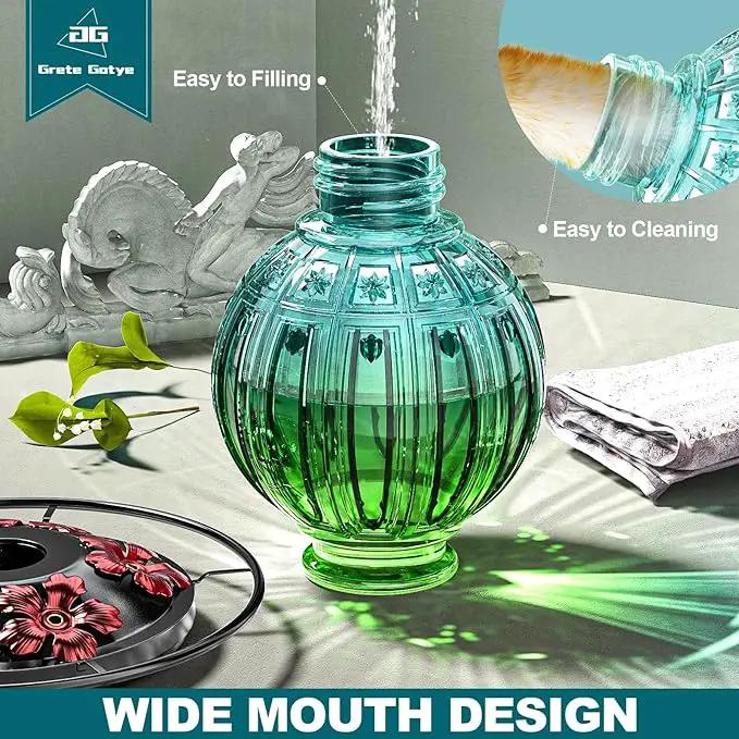 Glass Hummingbird Feeder for Outdoors Hanging, Bird Nectar Feeder with Perch & 5 Flower Feeding Ports, 26 Oz Leak Proof for Outside Garden Decor Backyard, Gifts for Women Mom, Green & Blue by GreenHaven Gardens