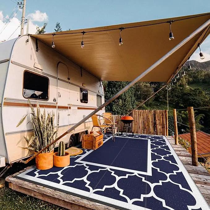 GENIMO 10' x 14' Outdoor Rug Waterproof for Patio, Foldable Reversible Plastic Straw Area Rugs Mat for Rv Decor, Outside Carpet for Camper, Deck, Picnic, Beach, Balcony, Porch, Blue & White by GreenHaven Gardens