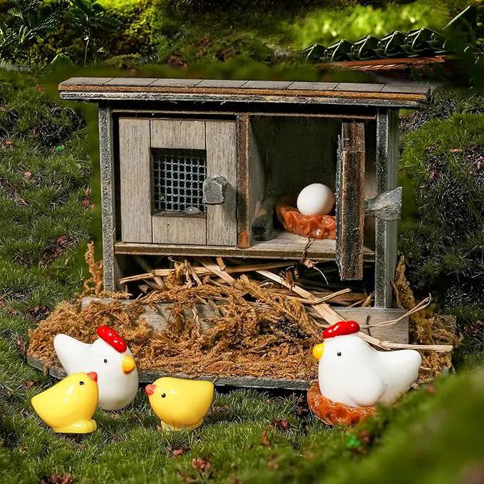 Hiawbon Miniature Retro Wooden Chicken Coop Mini Family Chicken,Hen,Chick,Egg,Chicken Nest Ornament Micro Landscape Fairy Garden Decor by GreenHaven Gardens