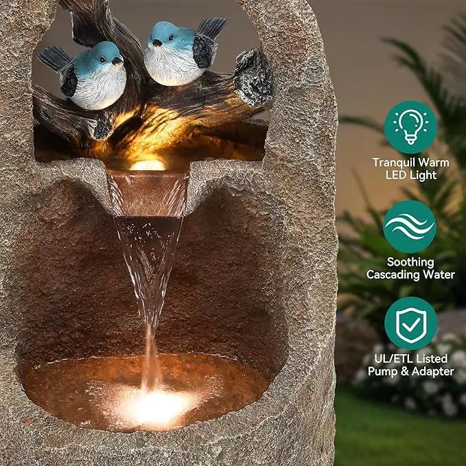 27" Outdoor Water Fountain with LED Lights,2-Tier Bird Natural Zen Garden Fountain, Relaxing Waterfall Floor, Yard, Porch or Deck Decor, Whether-Resistant, Faux Granite Texture by GreenHaven Gardens