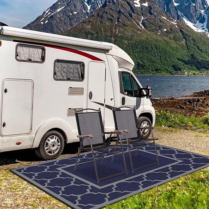 GENIMO Outdoor Rug 8' x 10' Patio Waterproof, Foldable Reversible Plastic Straw Area Rugs Mat for Camper Decor, Outside Carpet for Rv, Deck, Porch, Picnic, Beach, Balcony, Blue & Grey by GreenHaven Gardens
