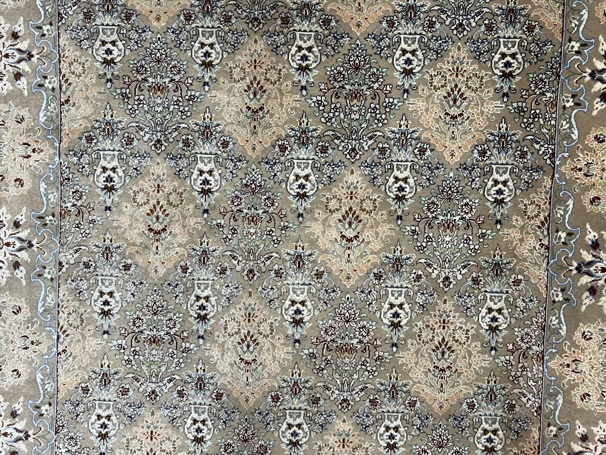 Super Fine Persian Isfahan Rug 3x5 ft, Kork Wool on Silk Foundation, Repeated Floral Motif, Taupe Tan Hand Knotted Oriental Carpet 3 x 5 ft, Signed by Jewel Rugs