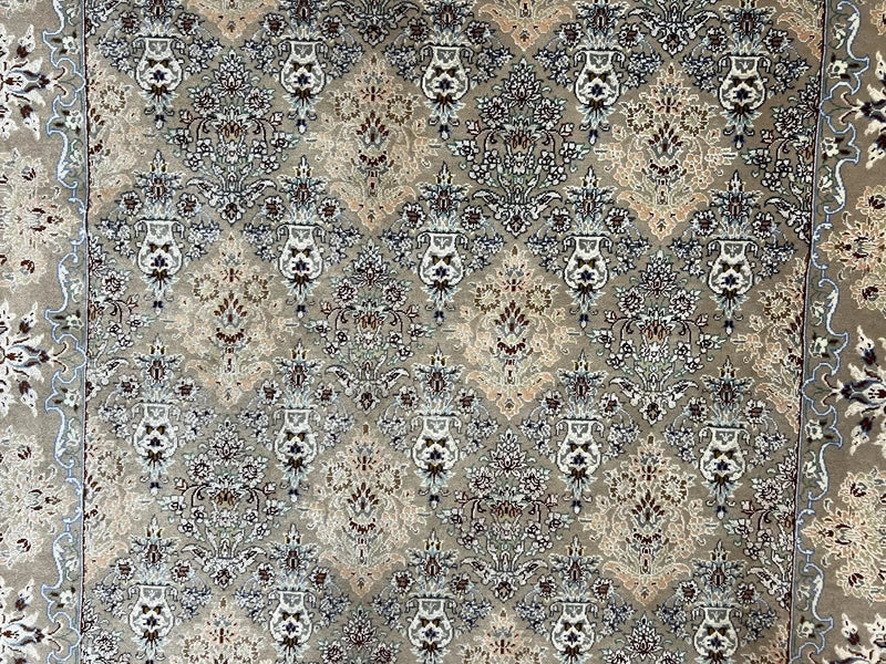 Super Fine Persian Isfahan Rug 3x5 ft, Kork Wool on Silk Foundation, Repeated Floral Motif, Taupe Tan Hand Knotted Oriental Carpet 3 x 5 ft, Signed by Jewel Rugs
