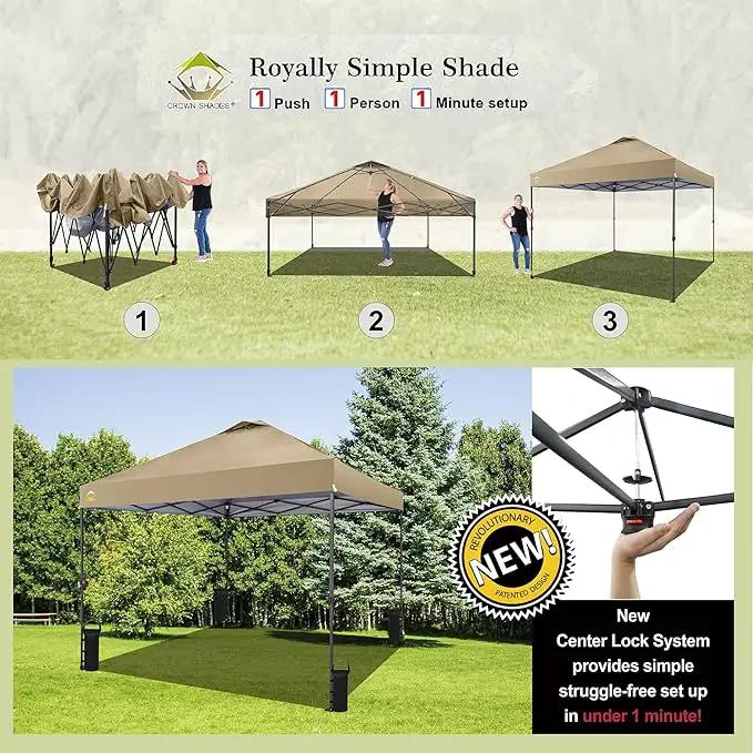CROWN SHADES 10x10 Pop Up Canopy Tent - Patented Center Lock One Push Instant Outdoor Canopy Beach Tent with STO-N-Go Bag 8 Stakes & 4 Sand Bags，Khaki by GreenHaven Gardens