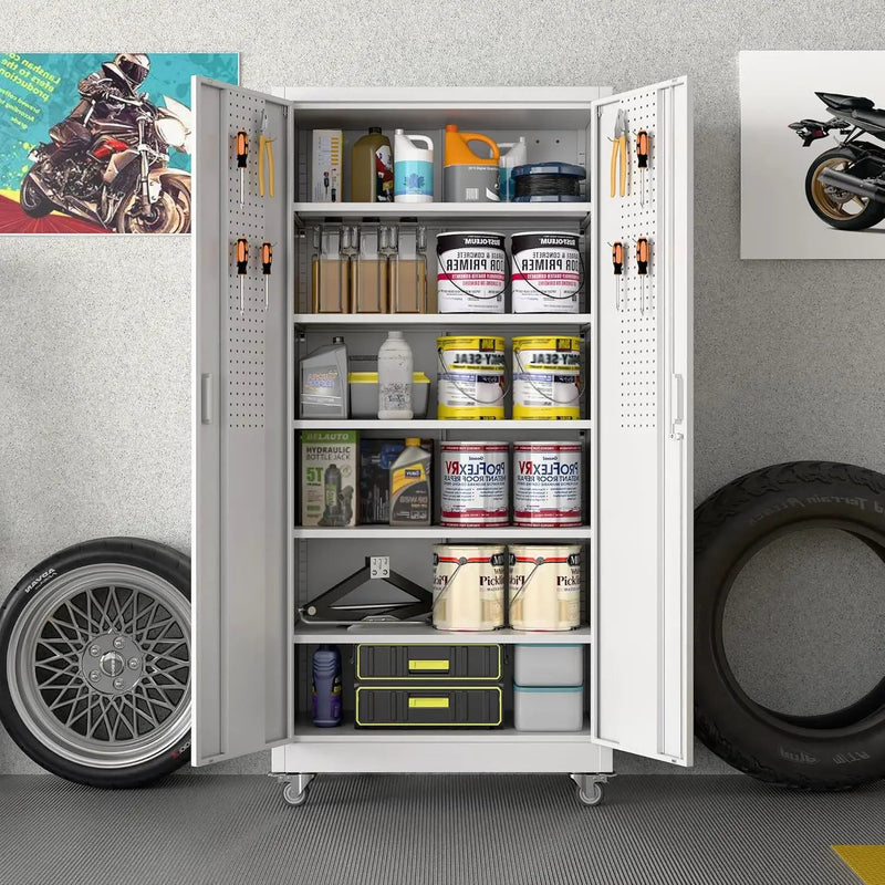71" H×32" W×16" D Garage Storage Cabinet with Wheels, Locking Metal Storage Cabinet with 5 Adjustable Shelves, 4 Hooks and Pegboard for Garage, Home Office, Kitchen, Assembly Required, White by GreenHaven Gardens