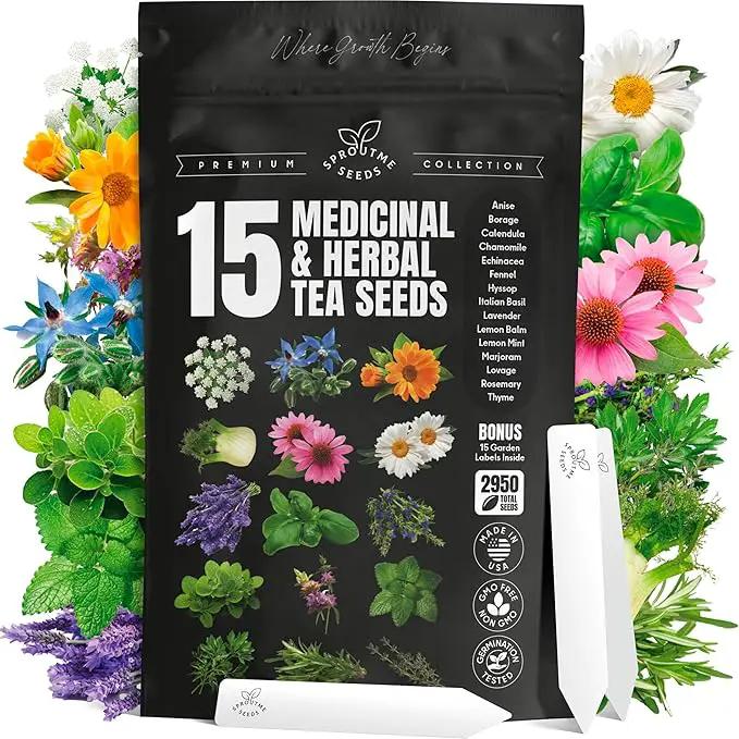 15 Medicinal & Herbal Tea Seeds Variety Pack Home Garden Kit Plant Markers 2950+ Non-GMO Heirloom Indoor Hydroponic Outdoors Planting Herb Anise Basil Calendula Fennel Mint Rosemary Lavender Chamomile by GreenHaven Gardens