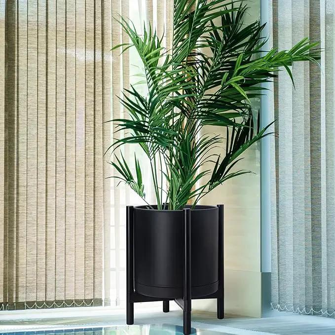 D'vine Dev Planter Pot with Stand - 16 Inch Plastic Cylinder Flower Pot with Wood Planter Holder for Indoor, Matte Black Pot + Ebony Stand, 55-C-Z-2 by GreenHaven Gardens