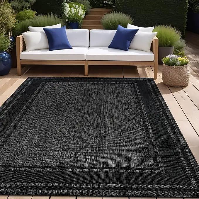 Beverly Rug Large Outdoor Rug 9x12 Modern Bordered Area Rugs for Indoor and Outdoor Patio Deck Porch Garden Waterproof Weather Sun Resistant Washable Outside Carpet (9 x 12 Black) by GreenHaven Gardens