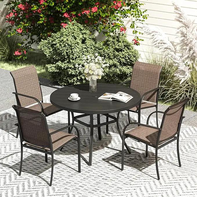 VICLLAX Patio Dining Set for 4, Outdoor Furniture Set Includes 41.2" Round Patio Table and 4 Patio Sling Chairs, Black Tabletop and Brown Fabric by GreenHaven Gardens