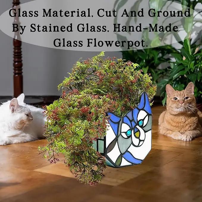 Purple Cat Flower Pot,Cute Pots for Plants,Small Plant Pot with Unique Cat Face Design,Tiltable Cat Terrarium Decoration,4.6x3x5.15 in(Excluding Plants) by GreenHaven Gardens