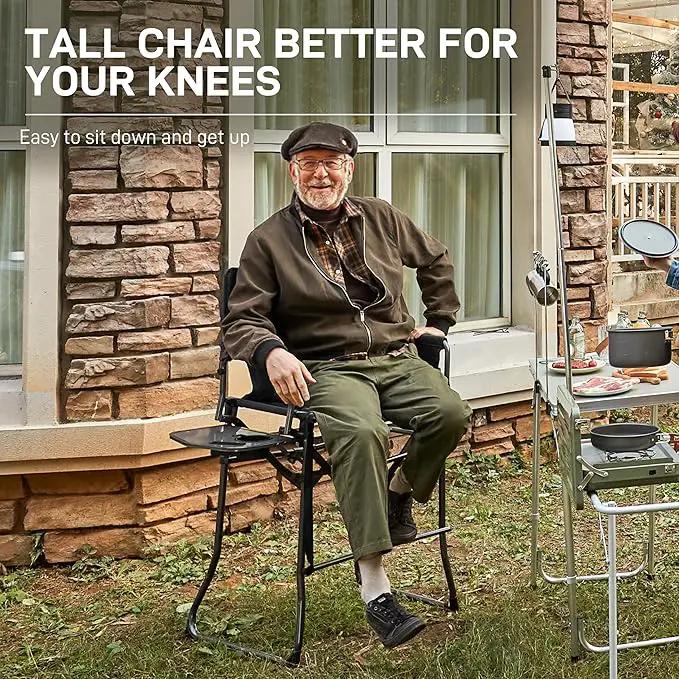 EVER ADVANCED Portable 30.7" Seat Height Tall Folding Camping Chair Directors Chair High Foldable Bar Stool with Side Table for Makeup Artist, Sports Event, Craft Show, Supports 350LBS Black Grey by GreenHaven Gardens
