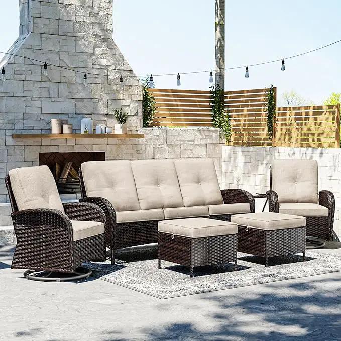 Joyside 6 Piece Patio Furniture Set, Outdoor Wicker Conversation Sets with Swivel Rocker Chairs and Sofa, Thick Cushion, Rattan Patio Sectional for Porch, Deck Use (Brown/Beige, 6 PCS) by GreenHaven Gardens