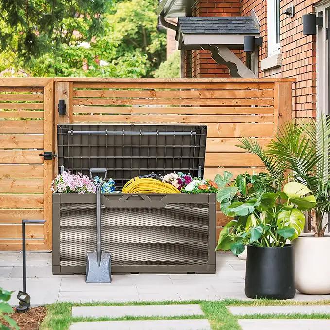 Devoko 100 Gallon Deck Box, Waterproof Resin Outdoor Storage Box with Cushion for Outside, Large Outdoor Storage Bench Cabinet Lockable for Patio Furniture and Garden Tools (Brown) by GreenHaven Gardens