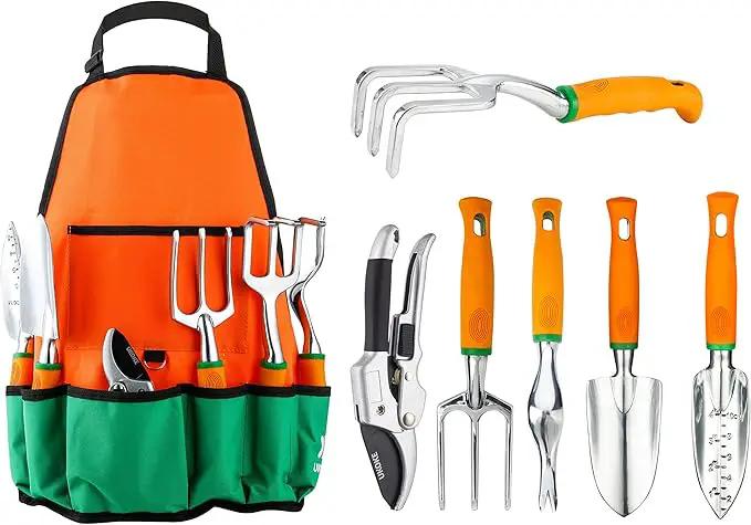 Ukoke UGP01G-7 Outdoor Tool, Heavy Duty Work Ergonomic Handle, for Women Men Set, 7 Piece Aluminum Kit, Garden Canvas Apron with Storage Pock, Orange by GreenHaven Gardens