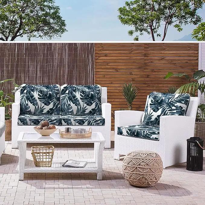 LVTXIII Outdoor Deep Seat Cushion Patio Seat and Back Cushion Set Seasonal Chair Cushion with Removable Cover and Adjustable Buckle for Home and Garden, 22"x22"x4", Palms Blue by GreenHaven Gardens