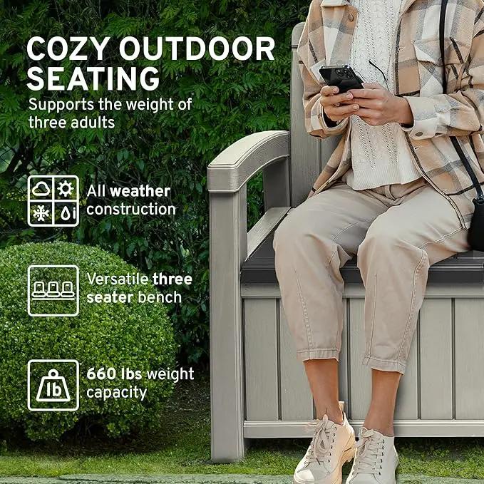 EconoHome 3 Seat Outdoor Storage Bench - 90 Gallon Capacity - Weatherproof Resin Bench for Patio, Porch, Garden, Yard, Pool Area - Furniture for Pool Accessories, Gardening Tools, Toys by GreenHaven Gardens