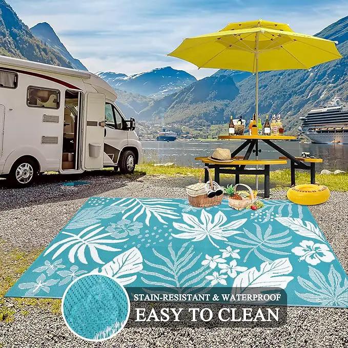 Pauwer Waterproof Outdoor Rug 5x8, Reversible Plastic Straw Patio Camping Rug, Indoor Outdoor RV Mat Carpet for Deck, Camper, Porch, Balcony, Backyard, Picnic, Floral Teal by GreenHaven Gardens