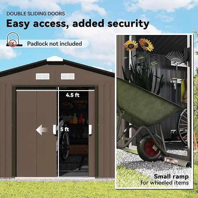 Outsunny 11' x 13' Outdoor Storage Shed, Garden Tool Metal Shed with Foundation Kit, Double Lockable Door, Air Vents and Sloping Roof, for Backyard, Patio, Lawn, Brown by GreenHaven Gardens