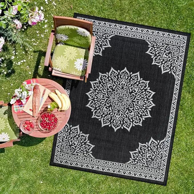 CAMILSON Outdoor Rug, 5x7 Medallion Black White Modern Area Rugs for Indoor and Outdoor Patios, Kitchen and Hallway Mats, Washable Porch Deck Outside Carpet (Medallion Black, 5 x 7) by GreenHaven Gardens