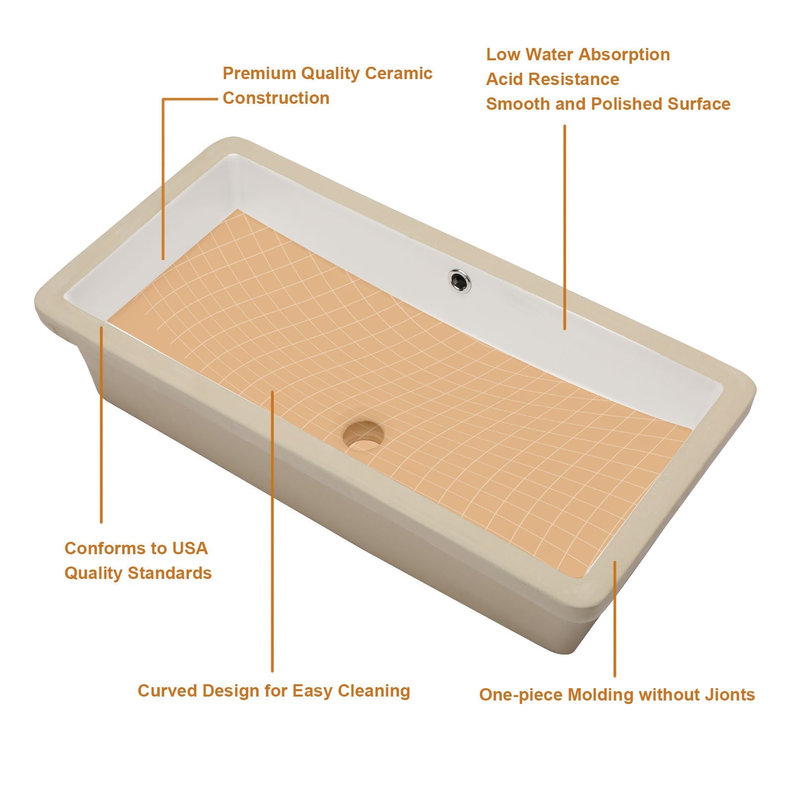 Modern Rectangular Undermount Bathroom Sink With Overflow Ceramic by HouseOfZazla