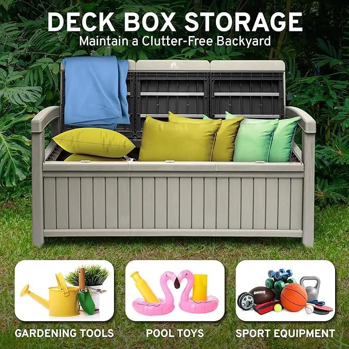 EconoHome 3 Seat Outdoor Storage Bench - 90 Gallon Capacity - Weatherproof Resin Bench for Patio, Porch, Garden, Yard, Pool Area - Furniture for Pool Accessories, Gardening Tools, Toys by GreenHaven Gardens
