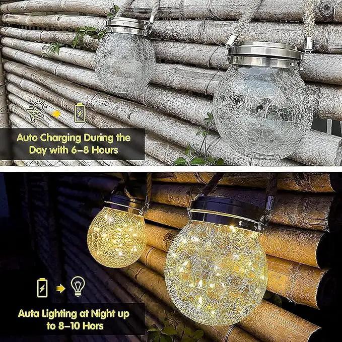 Solar Lantern Crackle Glass Ball, 2 Pack Garden Hanging Solar Lights Outdoor Waterproof Lanterns with 30 Warm White LED for Outdoor Decor Patio Yard Lawn Pathway by GreenHaven Gardens