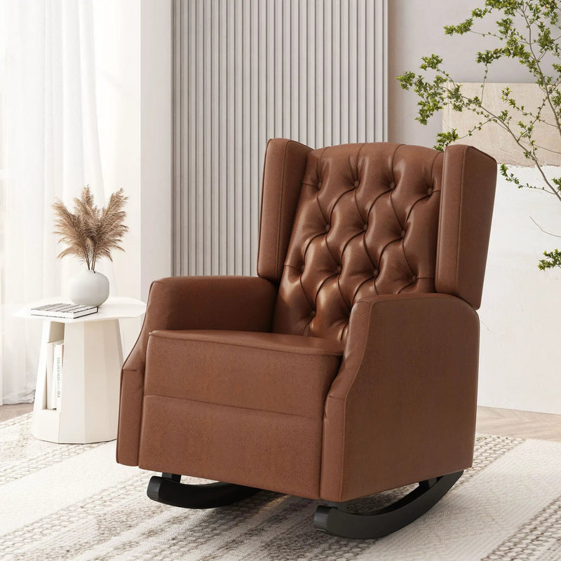 Moss Upholstered Rocking Recliner With Diamond Tufting And Wingback - Light Brown by HouseOfZazla