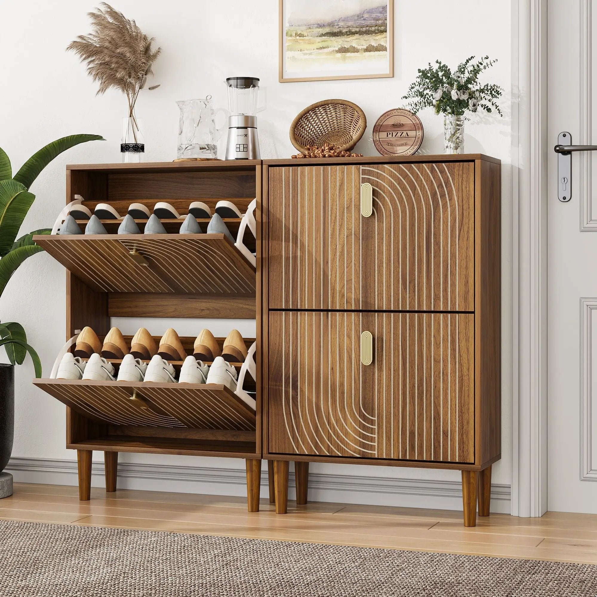 Modern Minimalist Shoe Storage Cabinet With 2 Flip Drawers And Metal Handles - Brown by HouseOfZazla
