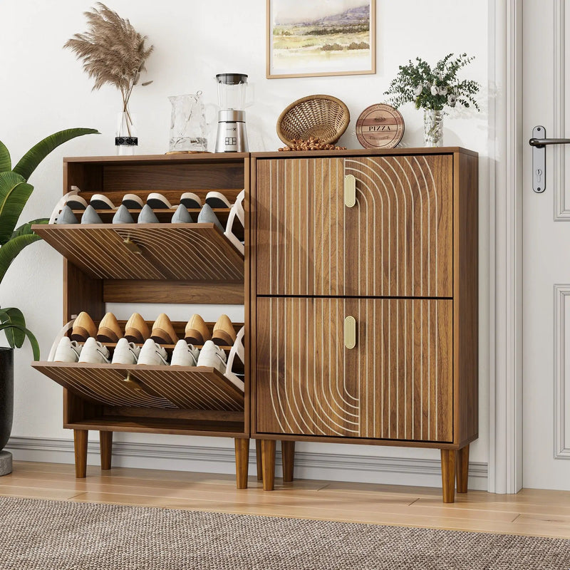 Modern Minimalist Shoe Storage Cabinet With 2 Flip Drawers And Metal Handles - Brown by HouseOfZazla