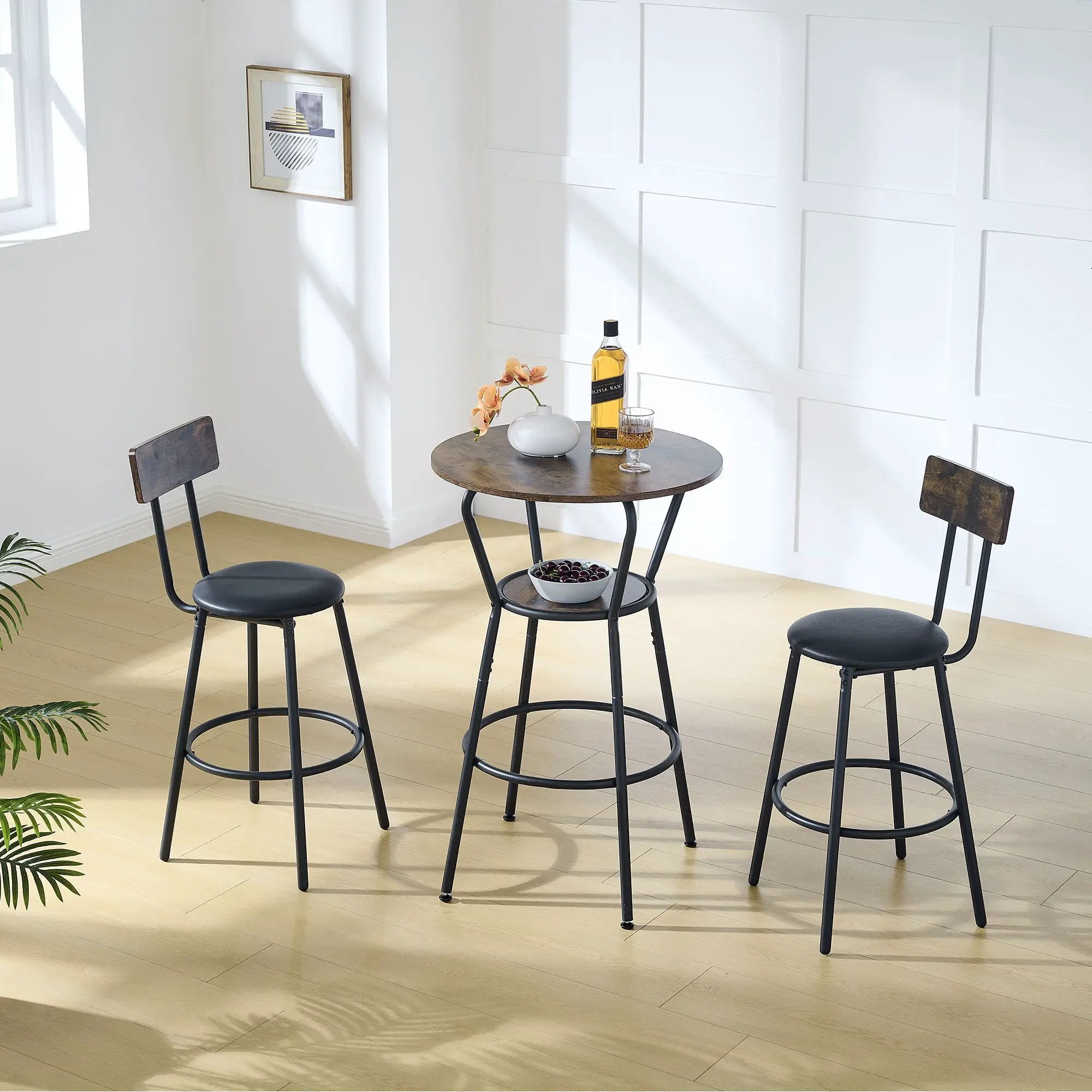 Rustic Brown Round Bar Table And Stool Set With Shelf, Upholstered Stool With Backrest - Antique Brown by Unique Piece Furniture