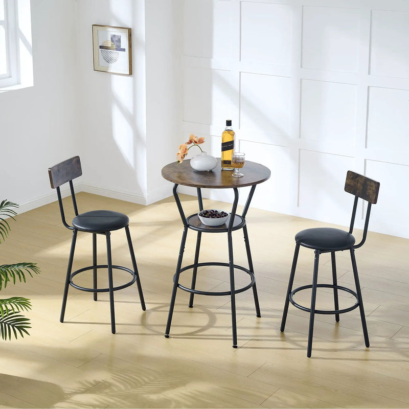 Rustic Brown Round Bar Table And Stool Set With Shelf, Upholstered Stool With Backrest - Antique Brown by Unique Piece Furniture