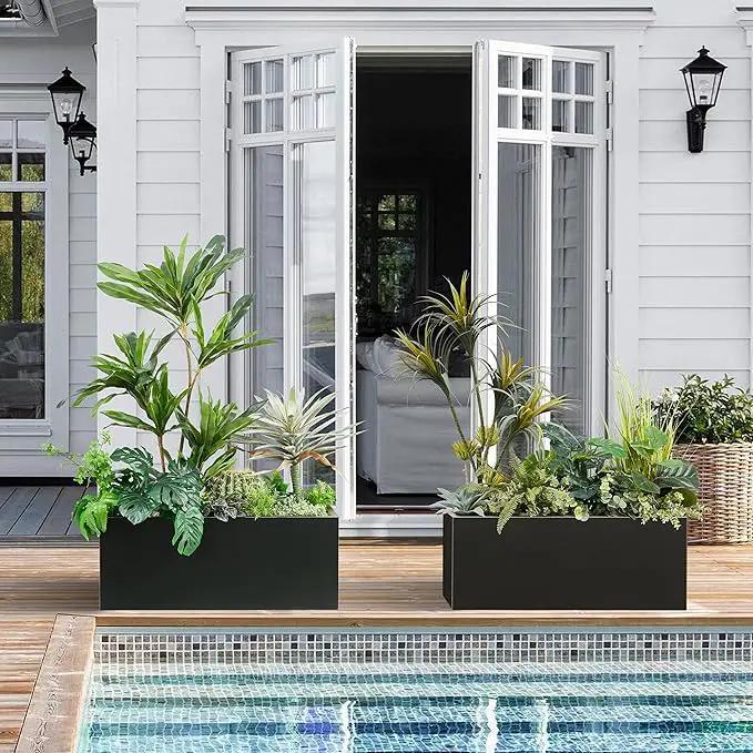 Metallic Heavy Long and Large Outdoor/Indoor Planter, Rectangular Trough Planter Box, 38”Lx15”Wx15”H, 40Pounds, Black with Hand Brushed Gold Edge, No Assemble and Seamless by GreenHaven Gardens