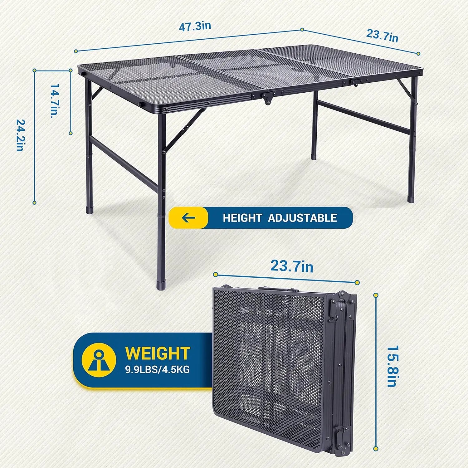 Nice C Table for Grill, Outdoor Table, Camping Cooking Picnic Tables, Card Tables Adjustable Height, Mesh Bag, Carry Handle (47.3” x 23.7“ x 14.7”/24.2“ Black) by GreenHaven Gardens
