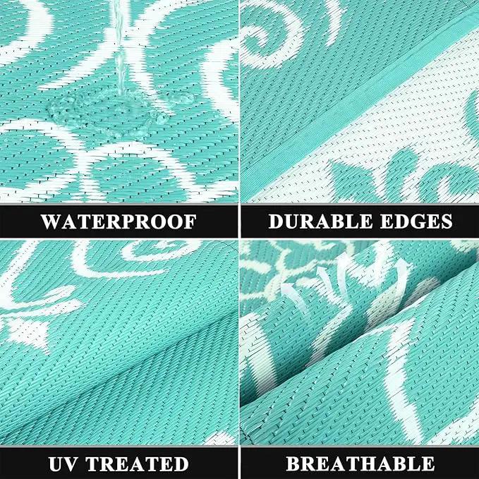 Pauwer Waterproof Outdoor Rug 8x10, Reversible Plastic Straw Patio Camping Rug, Indoor Outdoor RV Mat Carpet for Deck, Camper, Porch, Balcony, Backyard, Picnic, Floral Light Blue by GreenHaven Gardens