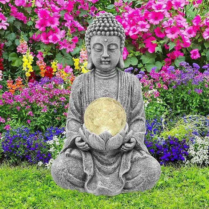 Nacome Meditating Buddha Statue with Solar Light,Zen Solar Garden Buddha with Cracked Glass Ball Sculpture-Indoor/Outdoor Decor for Balcony,Garden,Patio,Porch Yard Art Ornament,Gift by GreenHaven Gardens