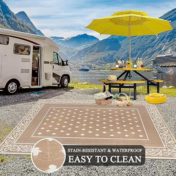 Pauwer Waterproof Outdoor Rug 6x9, Reversible Plastic Straw Patio Camping Rug, Indoor Outdoor RV Mat Carpet for Deck, Camper, Porch, Balcony, Backyard, Picnic, Bordered Beige by GreenHaven Gardens