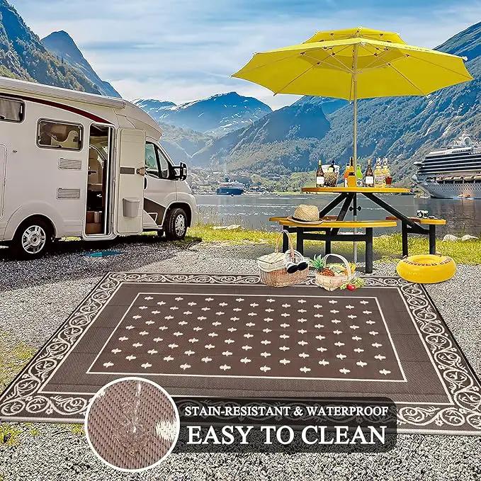Pauwer Waterproof Outdoor Rug 8x10, Reversible Plastic Straw Patio Camping Rug, Indoor Outdoor RV Mat Carpet for Deck, Camper, Porch, Balcony, Backyard, Picnic, Bordered Brown by GreenHaven Gardens
