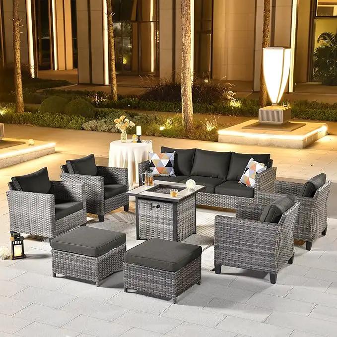 ovios 8 Pieces Patio Furniture Set with 30" Fire Pit Table, Outdoor Wicker Sofa with Comfy Cushions, All Weather High Back Rattan Couch Conversation Set, Black by GreenHaven Gardens