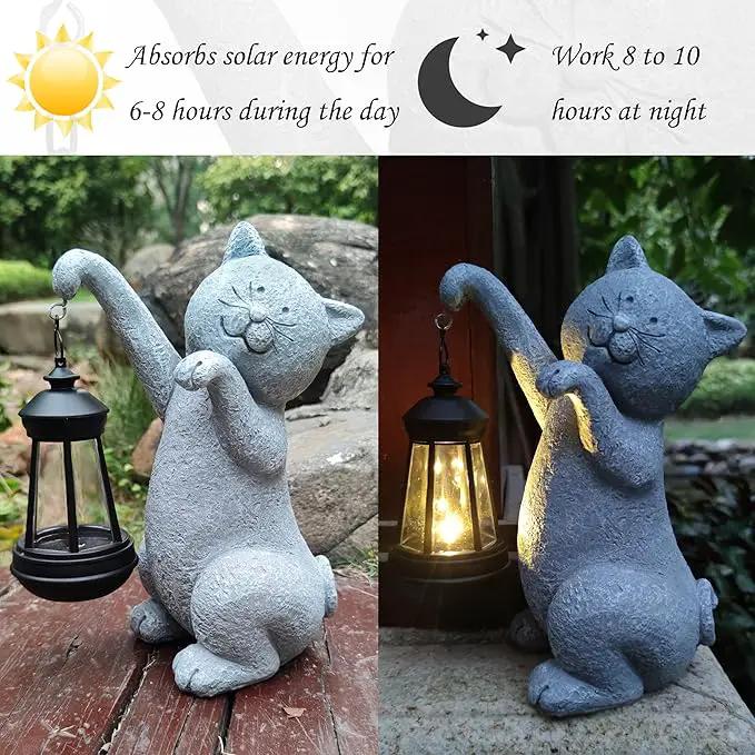 Cat Solar Garden Statues,Resin Cat Figurine Decorations with Solar Lights Lantern, Outdoor，Statue Decor Art for Lawn,Yard,Unique Housewarming Gift for Garden Home by GreenHaven Gardens