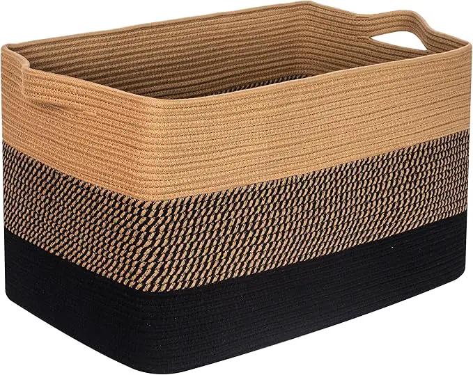 MINTWOOD Design 22in Extra Large Blanket Basket Holder for Living Room, Rectangle Rope Woven Storage Bin with Handles for Laundry, Pool Towels, and Shoes, Dog Toy Box Organizer, Black Jute by GreenHaven Gardens