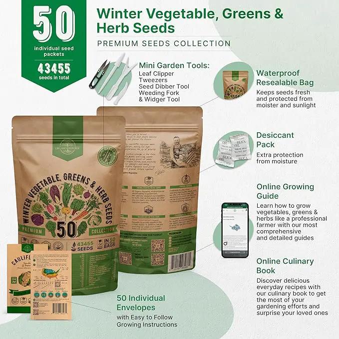 50 Winter Vegetable Garden Seeds Variety Pack - 43,450+ Non-GMO Heirloom Seeds for Outdoors & Indoor Home Gardening, Including Kohlrabi, Lettuce, Radish, Onion, Choy, Spinach, Cauliflower, Collards by GreenHaven Gardens