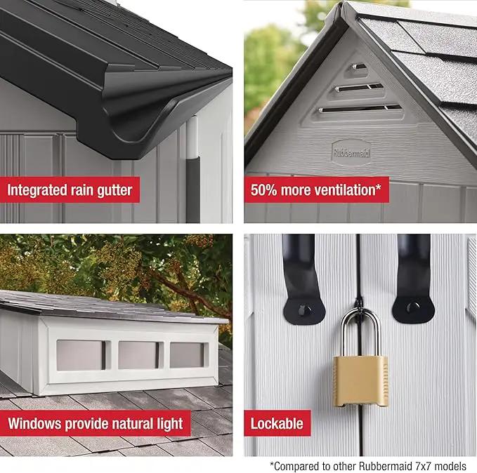 Rubbermaid Resin Outdoor Storage Shed With Floor (7 x 7 Ft) Weather Resistant Gray Organization for Home/Backyard/Garden Tools/Lawn Mower/Bike Storage/Pool Supplies by GreenHaven Gardens