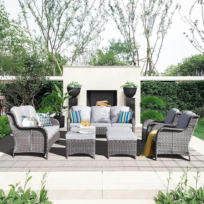 ovios 8 Pieces Patio Furniture Set, Outdoor Wicker Sofas with 2 Chairs, 4 Ottomans and Comfy Cushions, All Weather High Back Couch Set for Deck Porch, Grey Rattan, Grey by GreenHaven Gardens
