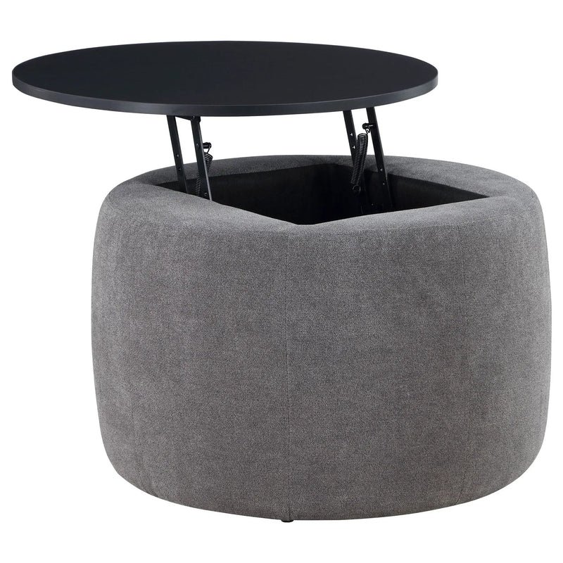 Reeves - Round Upholstered Lift Top Storage Ottoman - Gray by HouseOfZazla