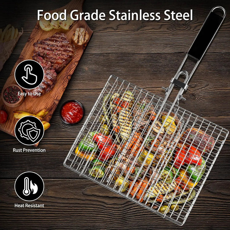 Pleafind Grill Basket Set - 8 PCS, Portable BBQ Grilling Basket with Removable Handle, Stainless Steel Grill Baskets for Outdoor Grill, Includes Silicon Brush, Steel Clip and 4 Skewers by GreenHaven Gardens