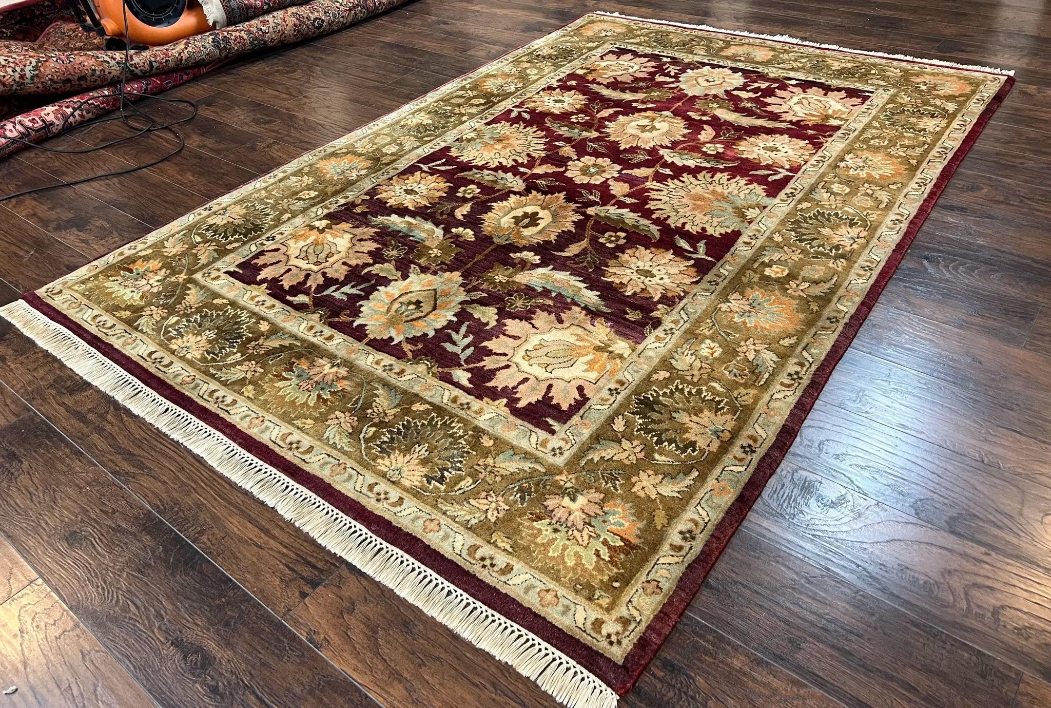 Indo Mahal Rug 6x9, Large Flowers Allover, Maroon and Green, Handmade Wool Area Rug, Vintage Rug, Indian Oriental Carpet, Hand Knotted Rug by Jewel Rugs