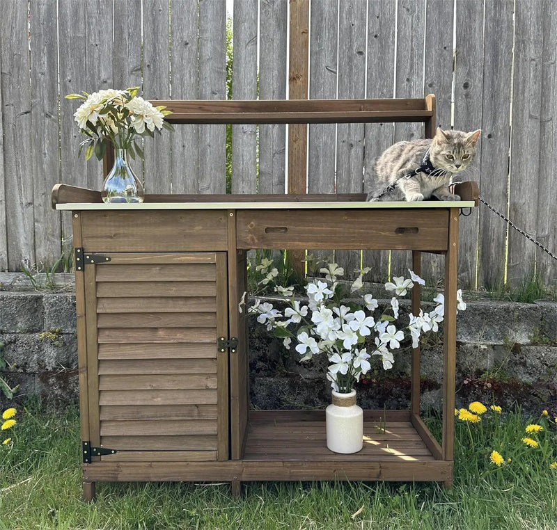 Garden Potting Benche Table Outdoor Wooden Work Station W/Metal Table top,Cabinet,Drawer,Large Bottom Shelf,Open Shelf Natural Wood-Brown-Brown by GreenHaven Gardens