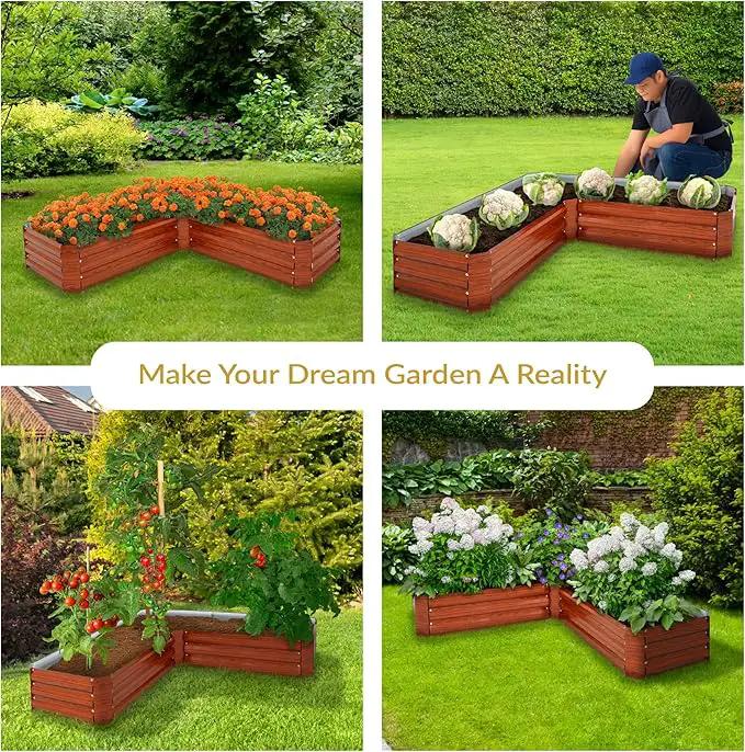 Sunnydaze 11.75" H Raised Metal Garden Bed - Galvanized Raised Garden Bed Outdoor for Vegetables and Flowers - Woodgrain - L-Shaped by GreenHaven Gardens