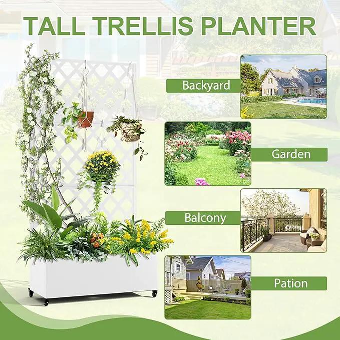 Metal Planter Trellis Box with Wheels & Drain Plug Outdoor Raised Garden Bed Patio Privacy Screen with Planter for Climbing Plants, Vegetables 73"x35"x16" White-Diamond by GreenHaven Gardens