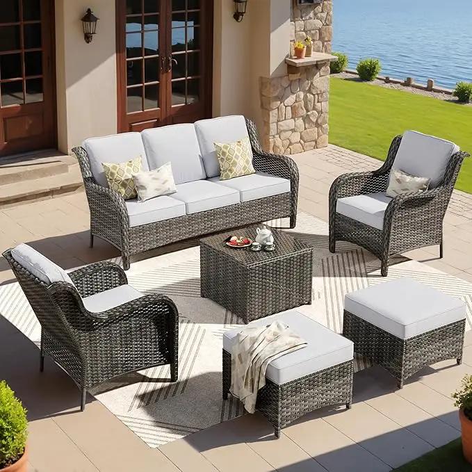 ovios 6 Pieces Patio Furniture Set, Outdoor Wicker Sofas with Glass Coffee Table and Comfy Cushions, All Weather High Back Couch Set for Deck Porch, Grey Rattan, Grey by GreenHaven Gardens
